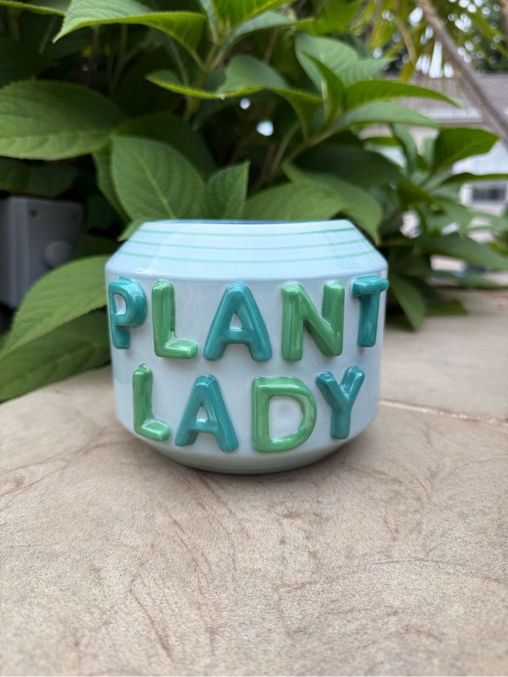 Anthropologie Ceramic Plant Lady planter, blue green.